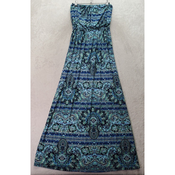 Trixxi Long Maxi Dress Womens XS Blue Multi Paisley Strapless Off The‎ Shoulder - Picture 1 of 7